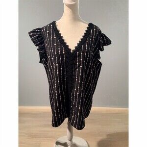 Blouse Womens XL Black Pink Dotted Stripe V-Neck Lace Ruffle Sleeves